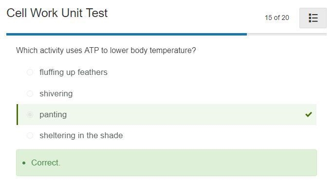 Which activity uses ATP to lower body temperature? shivering panting sheltering in-example-1