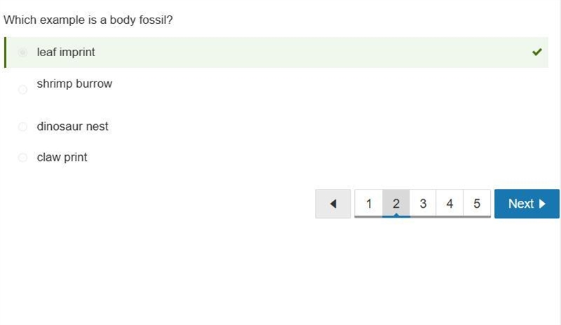 Which example is a trace fossil? A. insect in amber B. dinosaur footprint C. dinosaur-example-2