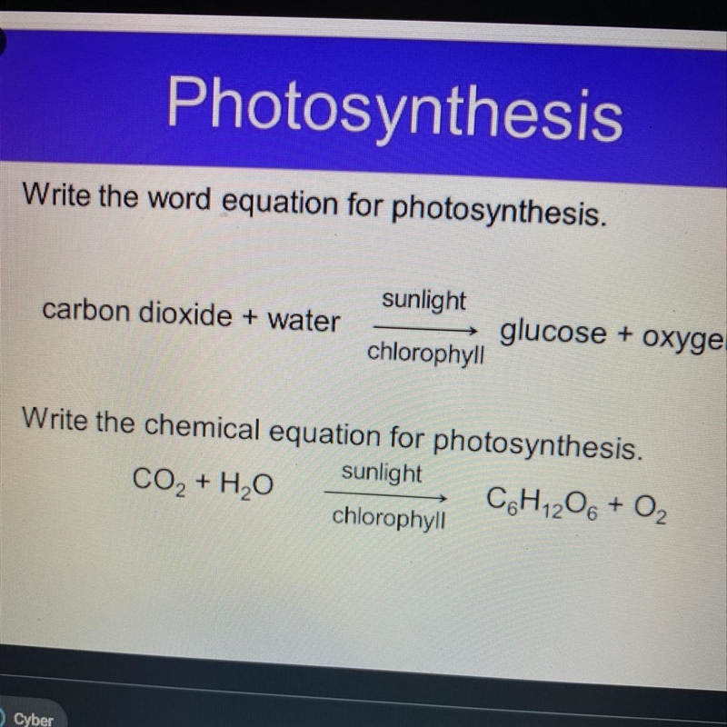 Which is the word equation for photosynthesis? carbon + hydrogen + oxygen glucose-example-1