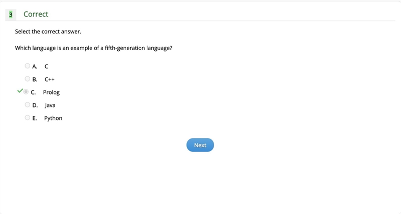 Which language is an example of a fifth-generation language? A. C B. C++ C. Prolog-example-1