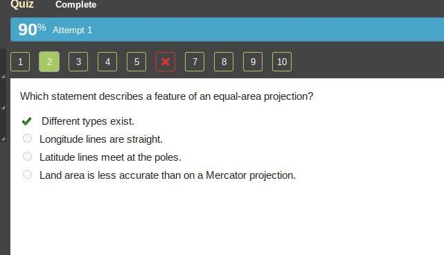 Which statement describes a feature of an equal-area projection? Different types exist-example-1