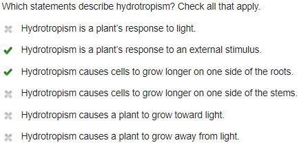 Which statements describe hydrotropism? Check all that apply.-example-1