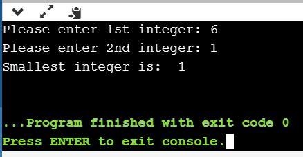 Define a function called min that takes two parameters containing integer values and-example-2