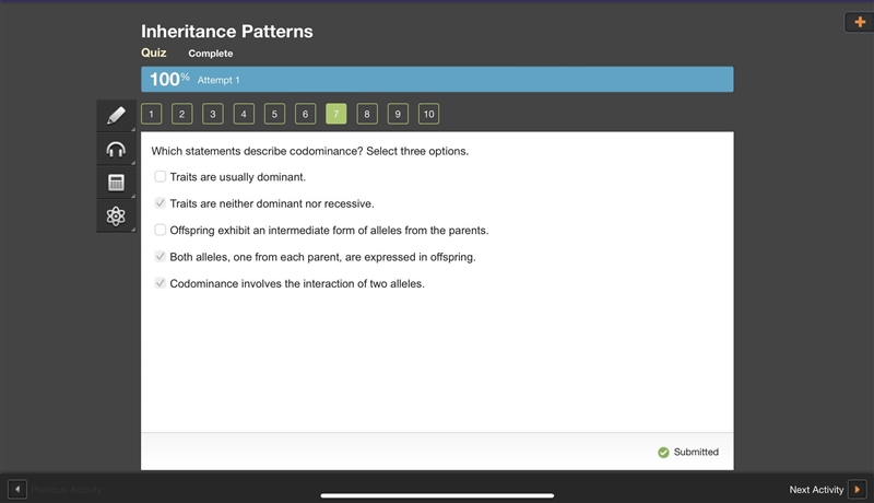 Which statements describe codominance? Select three options. Traits are usually dominant-example-1