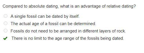 Compared to absolute dating, what is an advantage of relative dating? A single fossil-example-1