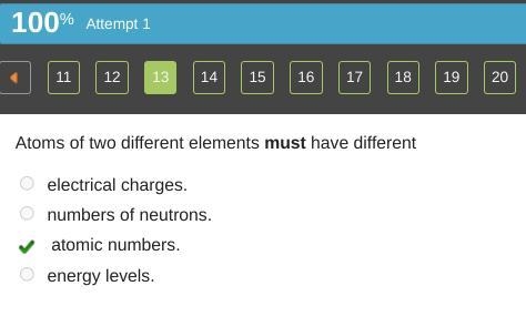 Atoms of two different elements must have o ferent electrical charges. numbers of-example-1