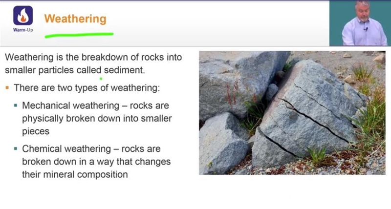 Weathering is the breakdown of rocks into smaller particles called . weathering is-example-1