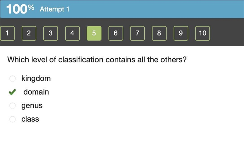 Which level of classification contains all the others? 60 kingdom domain genus class-example-1