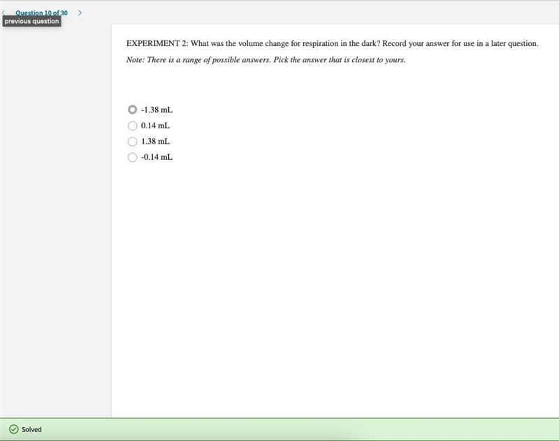 Calculate the volume change for respiration in the dark. As you already saw from earlier-example-1