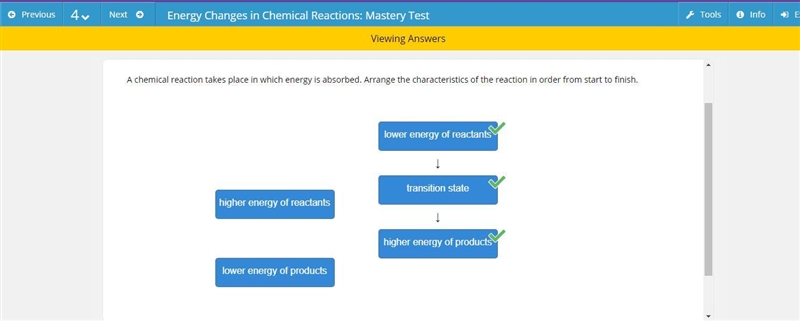 A chemical reaction takes place in which energy is absorbed. Arrange the characteristics-example-1