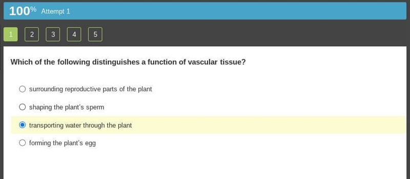 Which of the following distinguishes a function of vascular tissue? transporting water-example-1