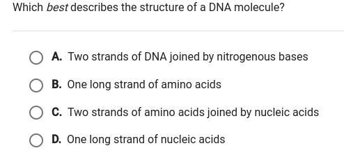 Which best describes the structure of a DNA molecule?-example-1