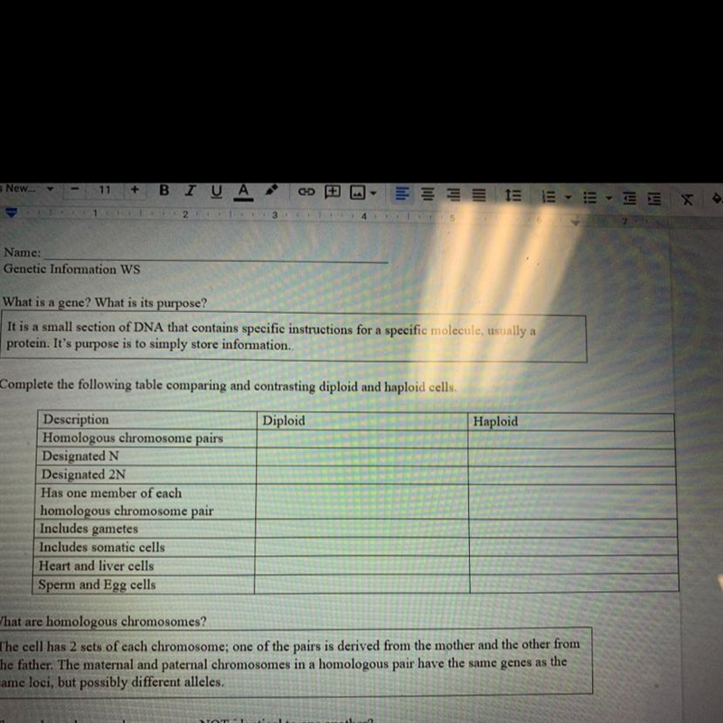 Complete the following table comparing and contrasting diploid and haploid cells. Diploid-example-1