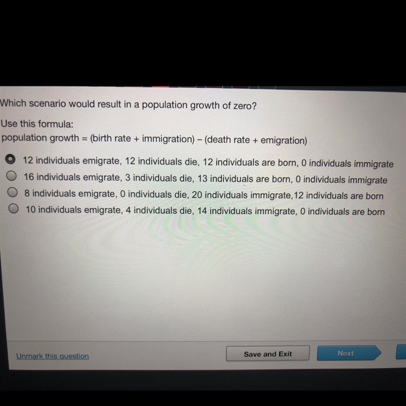 Which scenario would result in a population growth of zero? Use this formula: population-example-1