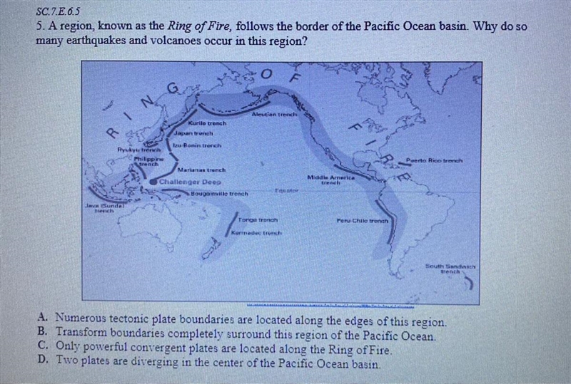 5. A region, known as the Ring of Fire, follows the border of the Pacific Ocean basin-example-1