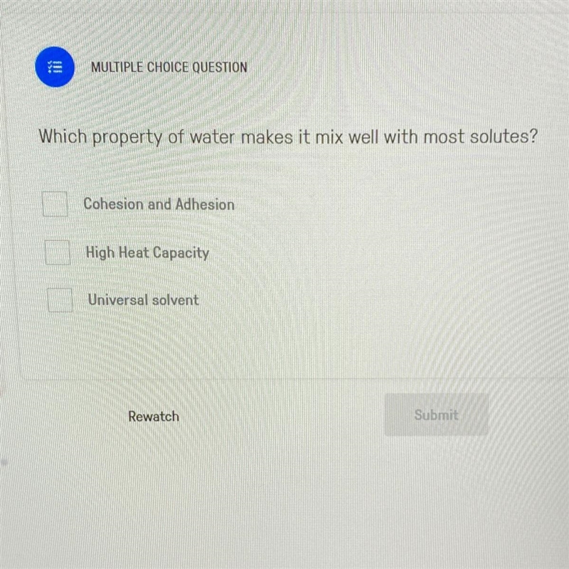 Which property of water makes it mix well with most solutes? A. Cohesion and Adhesion-example-1