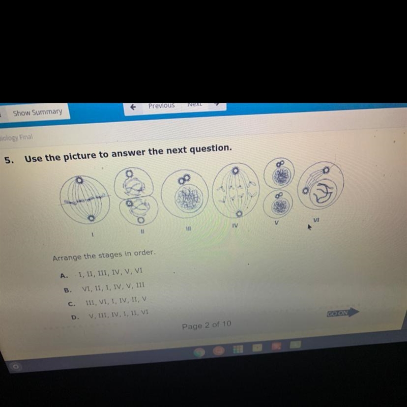 5. Use the picture to answer the next question. III IV VI Arrange the stages in order-example-1