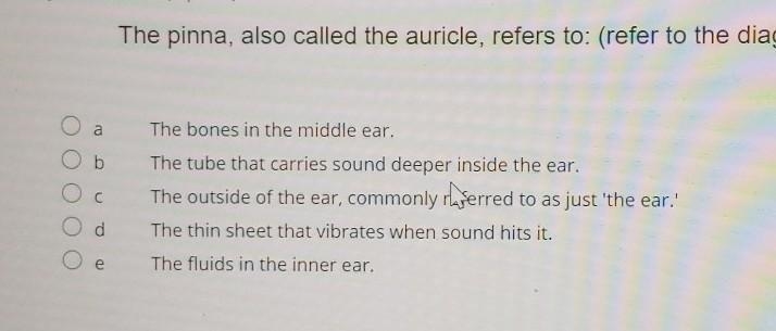 The pinna, also called the auricle, refers to: O a Ob C The bones in the middle ear-example-1