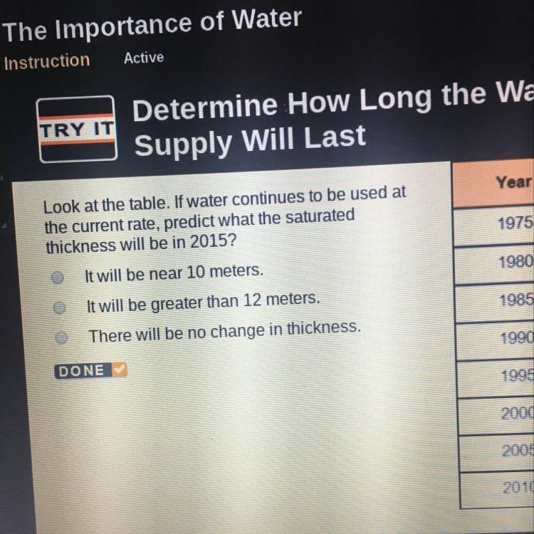 If water continues to be used at the current rate, predict what the saturated thickness-example-1