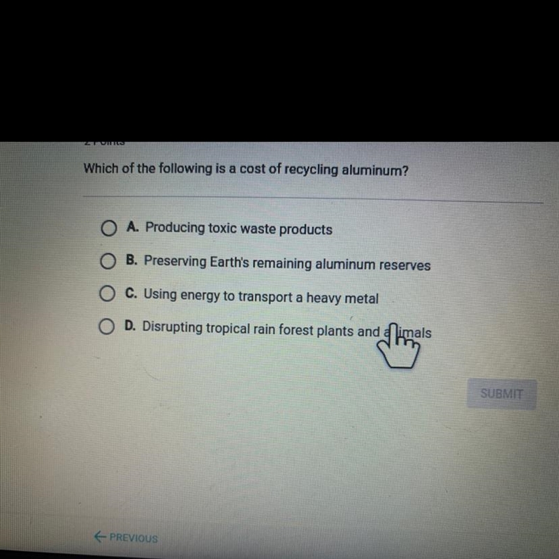 Which Of The Following Is A Cost Of Recycling Aluminum?-example-1