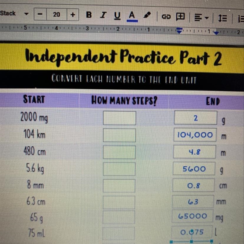 START HOW MANY STEPS? END 2000 mg 2 9 104 km 104,000 m 480 cm 4.8 m 56 kg 5600 9 8 mm-example-1