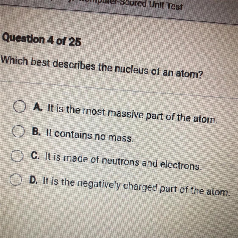 Which best describes the nucleus of an atom?-example-1