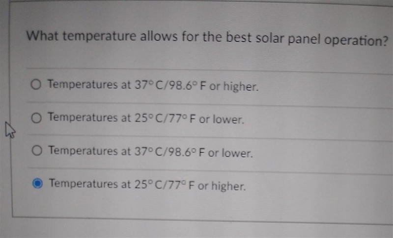 What temperature allows for the best solar panel operation ? ​-example-1