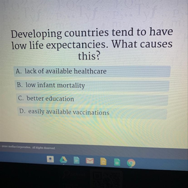 Please help Developing countries tend to have low life expectancies. What causes this-example-1