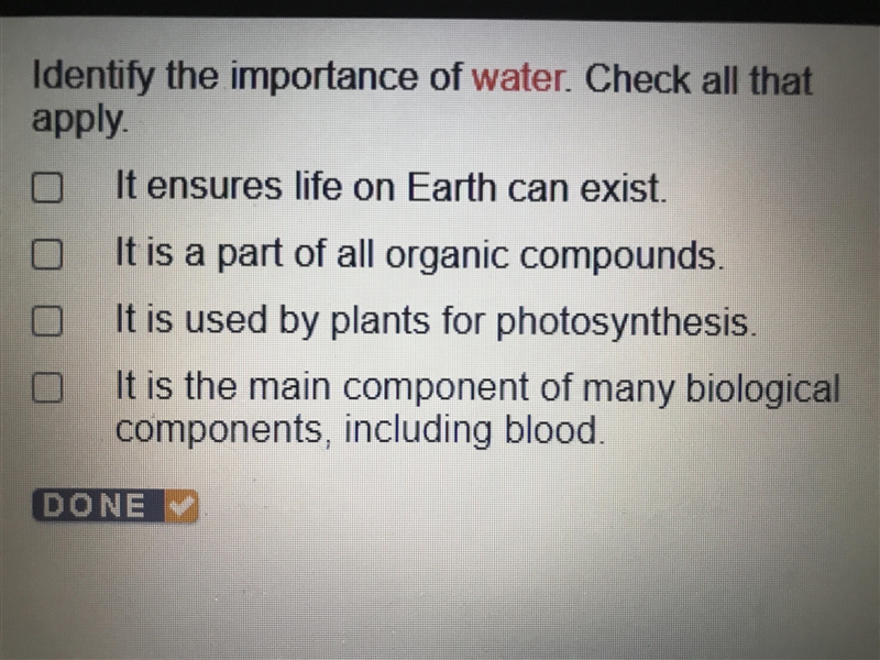 Which of these is the importance of water? Include ALL that apply.-example-1