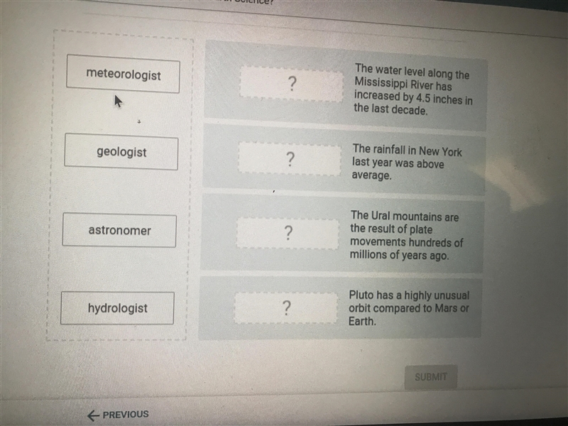 Match each scientist to the observation she is most likely to make-example-1