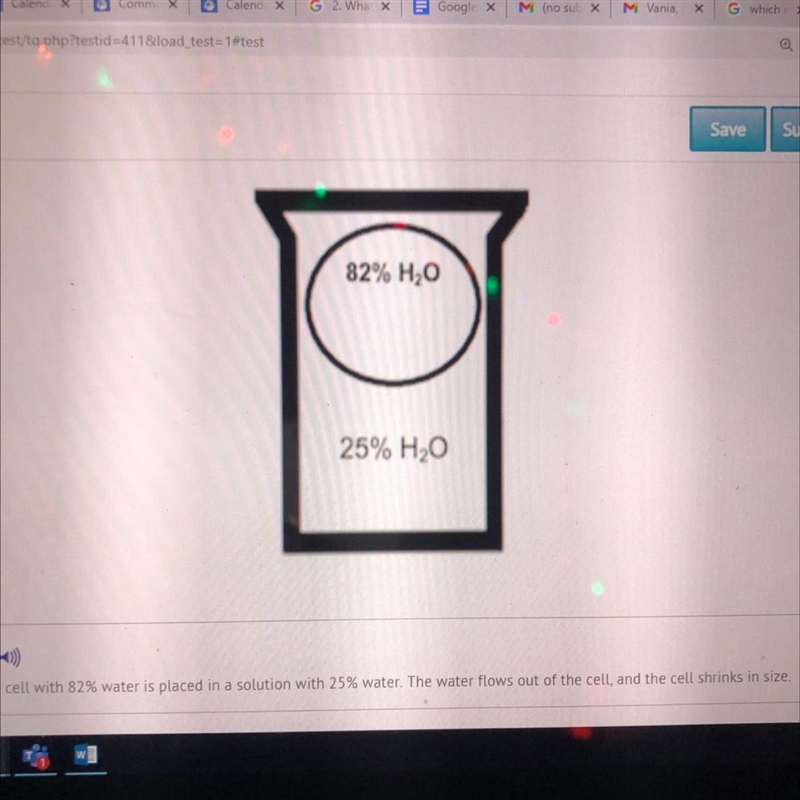 A cell with 82% water is placed in a solution with 25% water Size What describes this-example-1