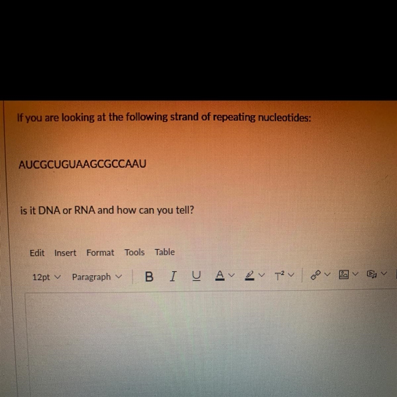 If you are looking at the following strand of repeating nucleotides: AUCGCUGUAAGCGCCAAU-example-1