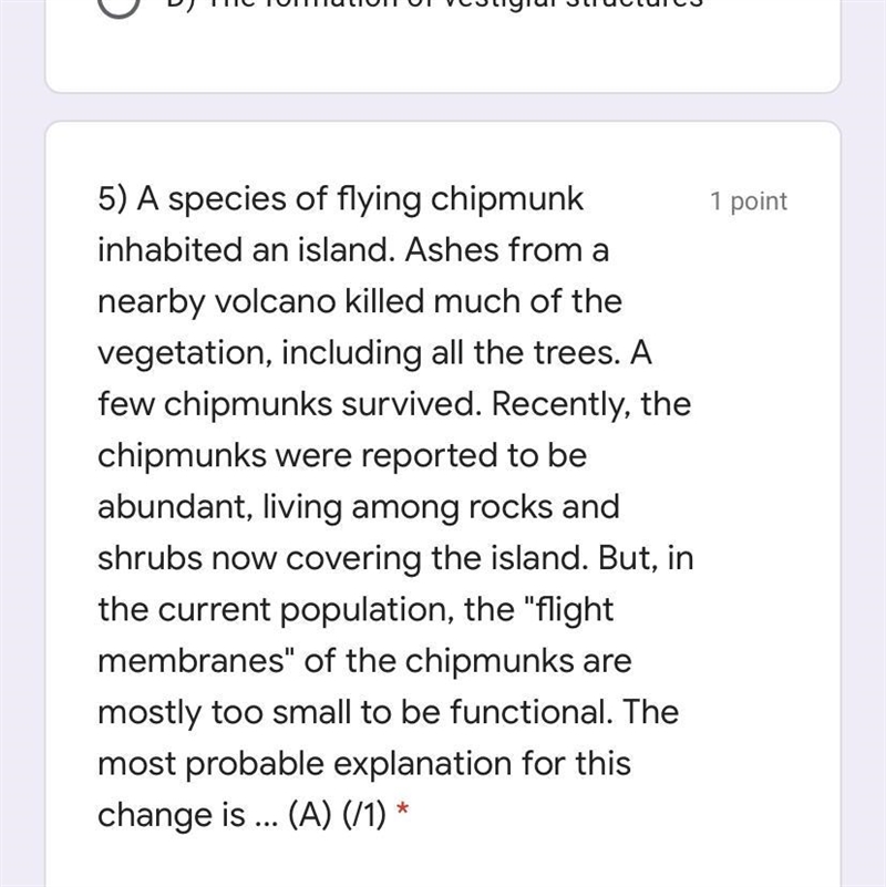 HELP!!! a) All chipmunks that could fly left island b) Natural Selection no longer-example-1