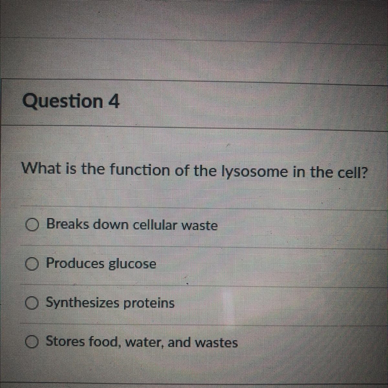 What is the function of the lysosome in the cell? OBreaks down cellular waste O Produces-example-1