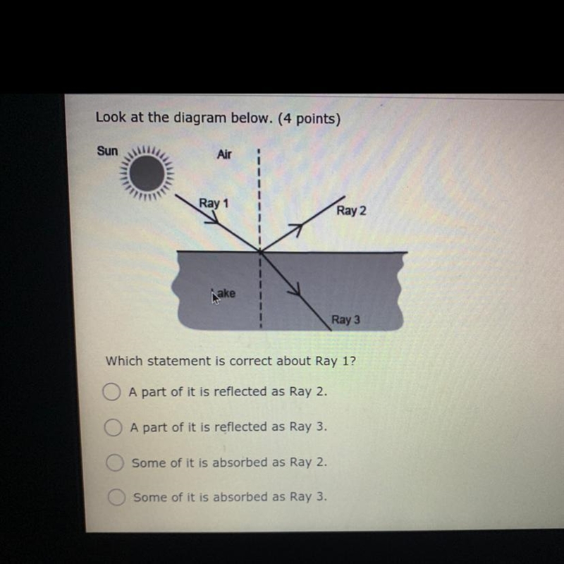 Look at the digital below. (4 points) Which statement is correct about Ray 1? 1) A-example-1