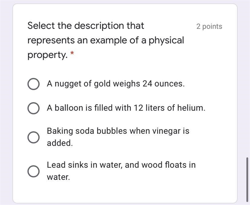 Select the description that represents an example of a physical property.-example-1