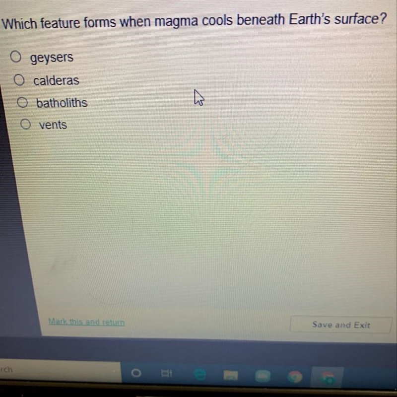 Which feature forms when magma cools beneath earths surface?-example-1