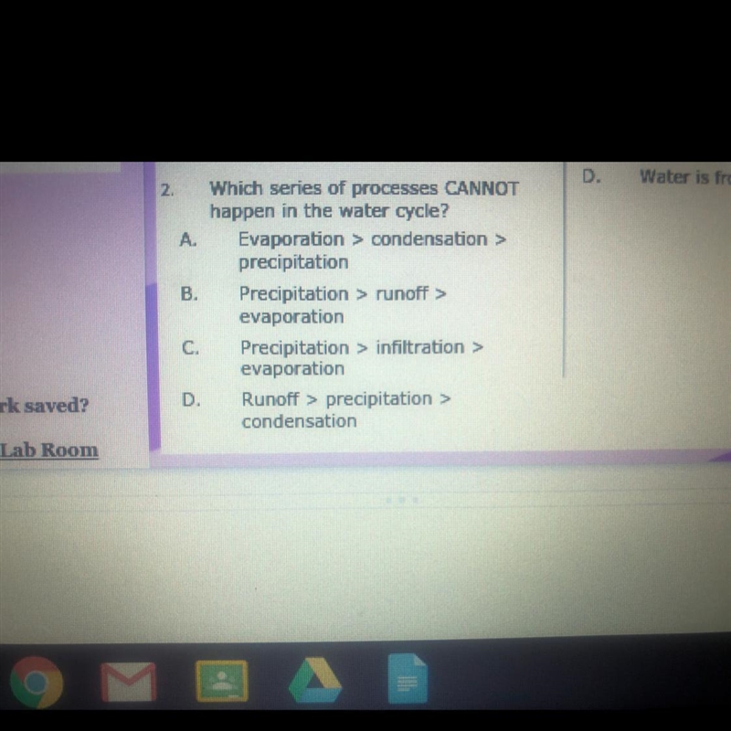 Which series of processes CANNOT happen in the water cycle?-example-1