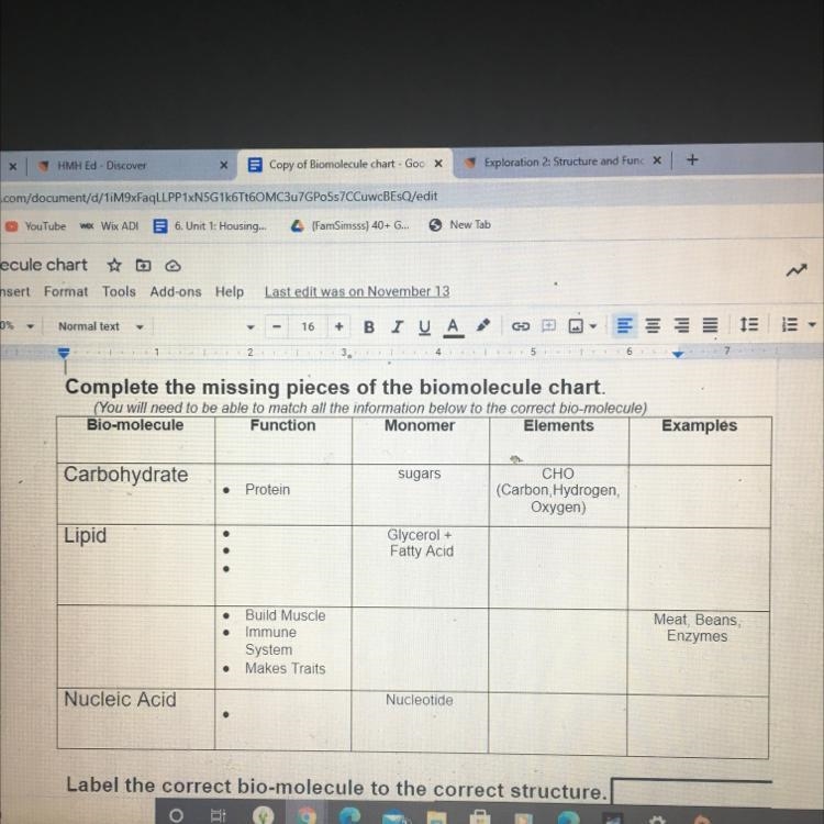 Complete the missing pieces of the biomolecule chart. Now will need to be able to-example-1