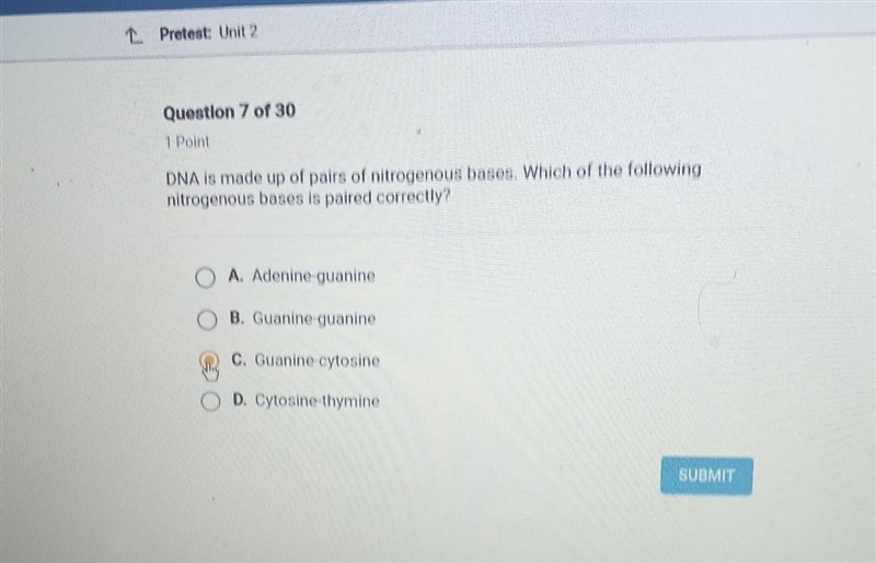 Question 7 of 30 1 Point DNA is made up of pairs of nitrogenous bases. Which of the-example-1