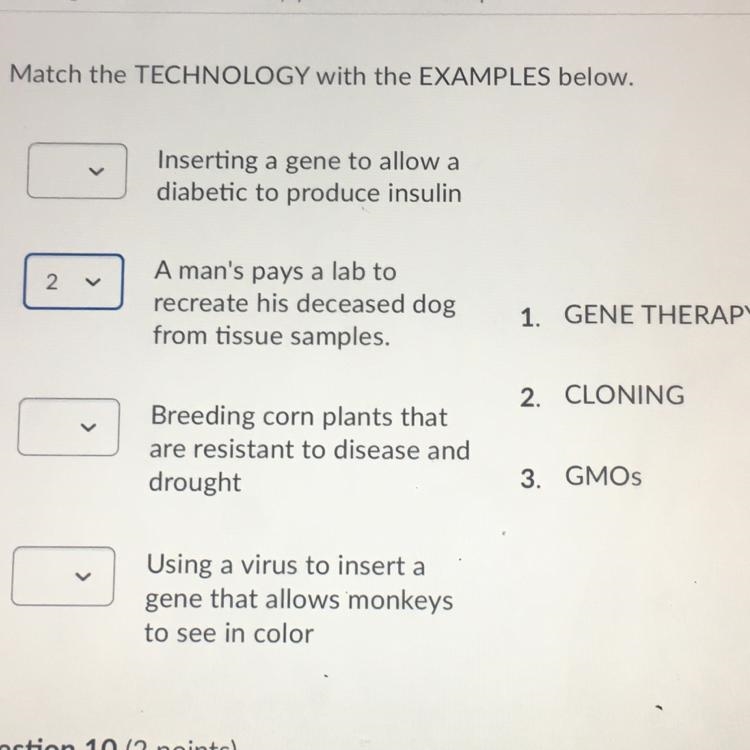 Match the TECHNOLOGY with the EXAMPLES below. 1) Inserting a gene to allow a diabetic-example-1