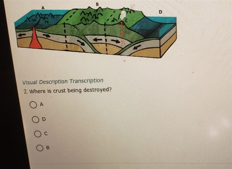 Visual Description. Where is crust being destroyed? ​-example-1