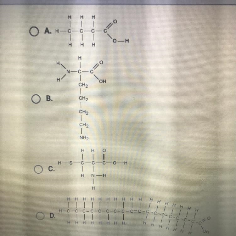 Which of the following shows an unsaturated fatty acid?-example-1