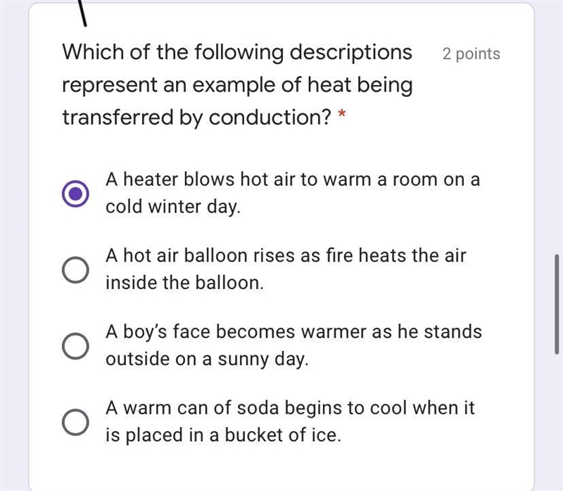 Which of the following descriptions represent an example of heat being transferred-example-1