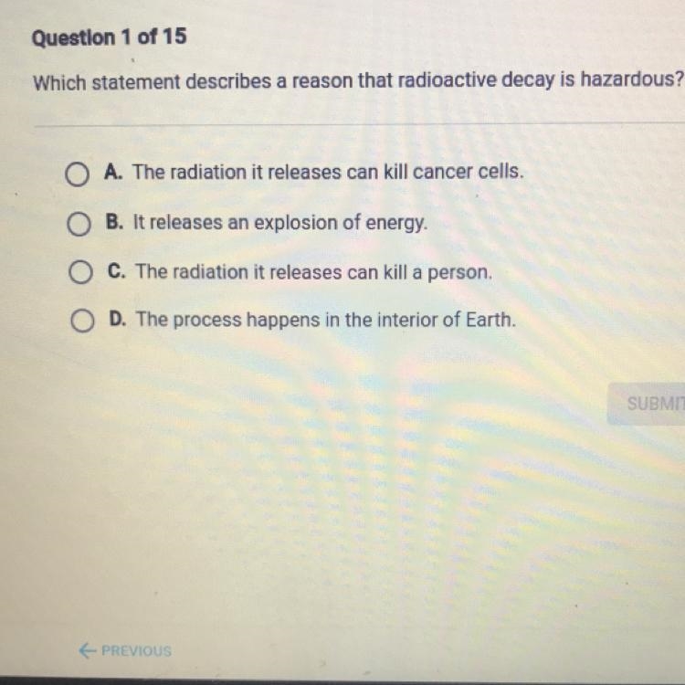 Which statement describes a reason that radioactive decay is hazardous?-example-1