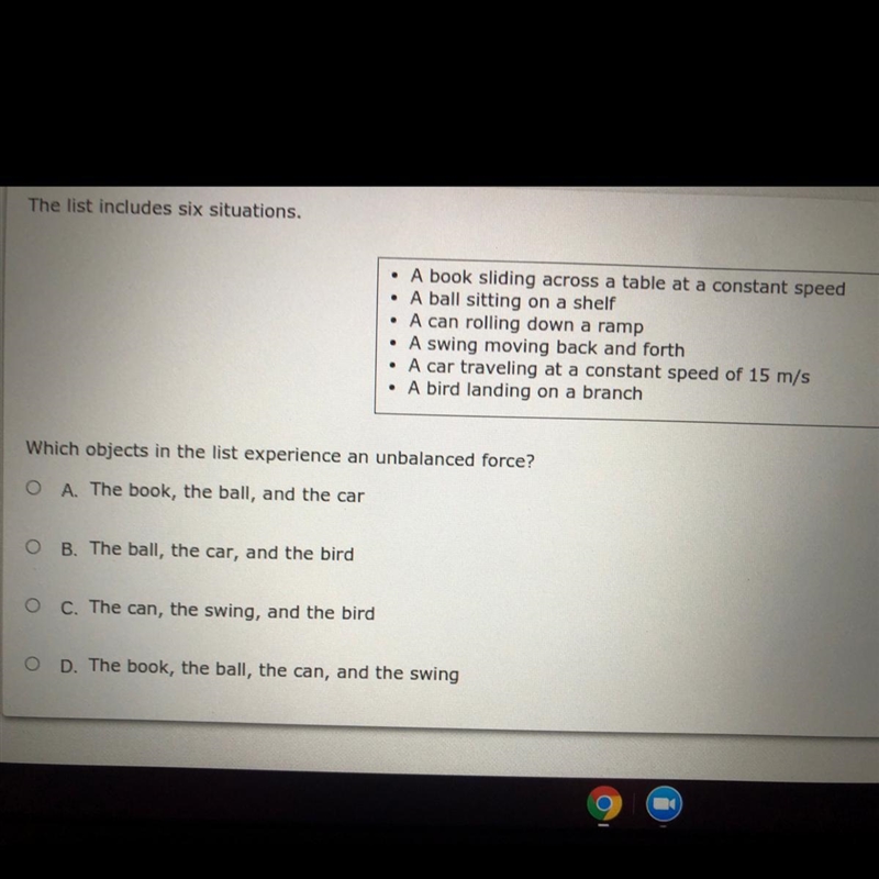 The list includes six situations. • A book sliding across a table at a constant speed-example-1