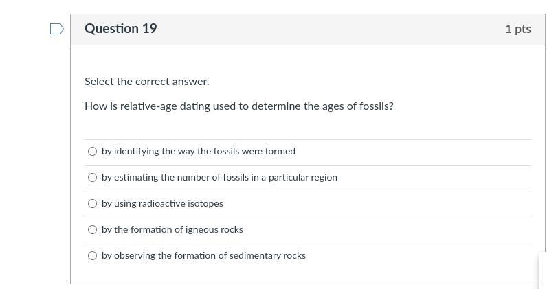 Select the correct answer. How is relative-age dating used to determine the ages of-example-1