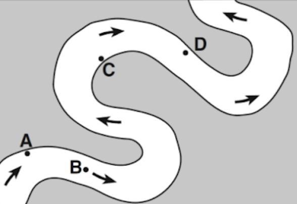 The map below shows a meandering stream. Points A, B, C and D represent locations-example-1