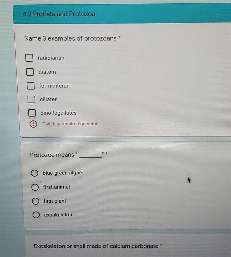 Someone help with these answers please name 3 examples of protozoans radiolarian diatom-example-1