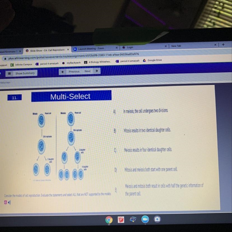 11 Multi-Select Vio A) In meiosis , the cell undergoes two divisions. υφαν Mitosis-example-1